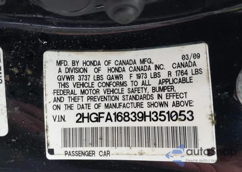 2009 Honda Civic Ex z USA, uszkodzony, nr VIN 2HGFA16839H351053